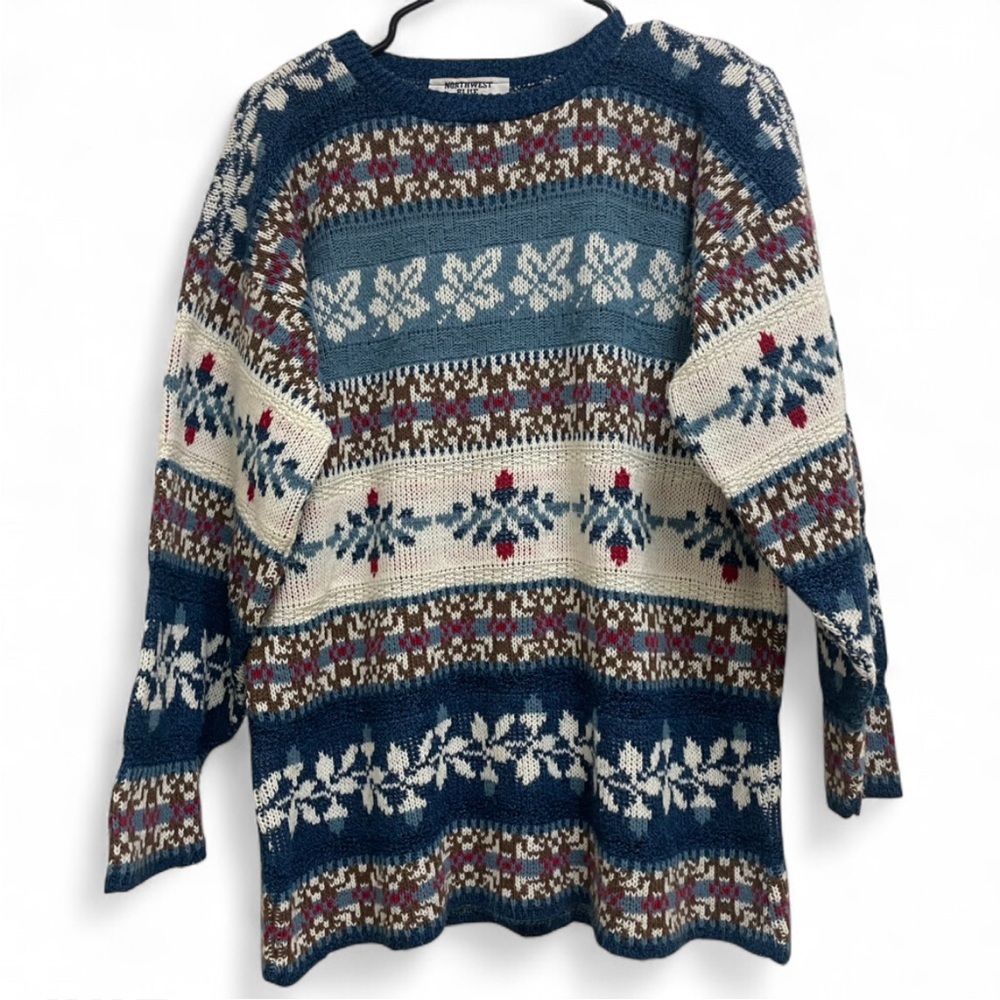 Northwest Blue Knit Sweater with Red and Cream Accents.Large